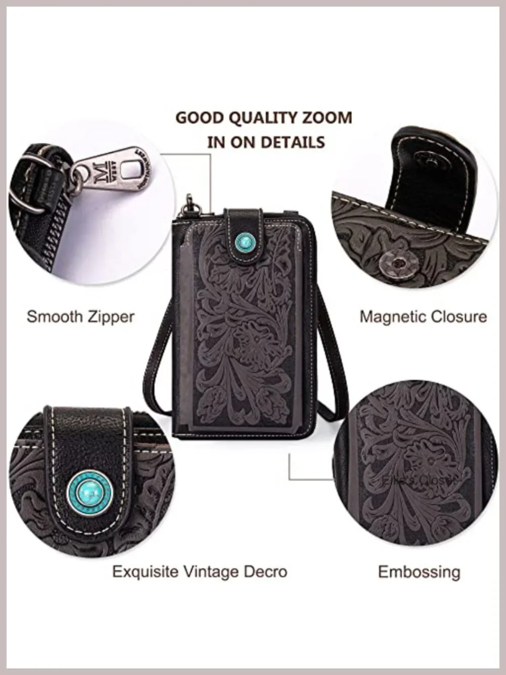 Western Crossbody Phone Wallet RFID Blocking Faux Leather with Cash Slots